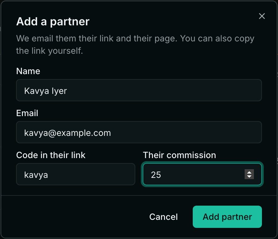 The Add a partner dialog with name, email, the code in their link and their own commission of 25%
