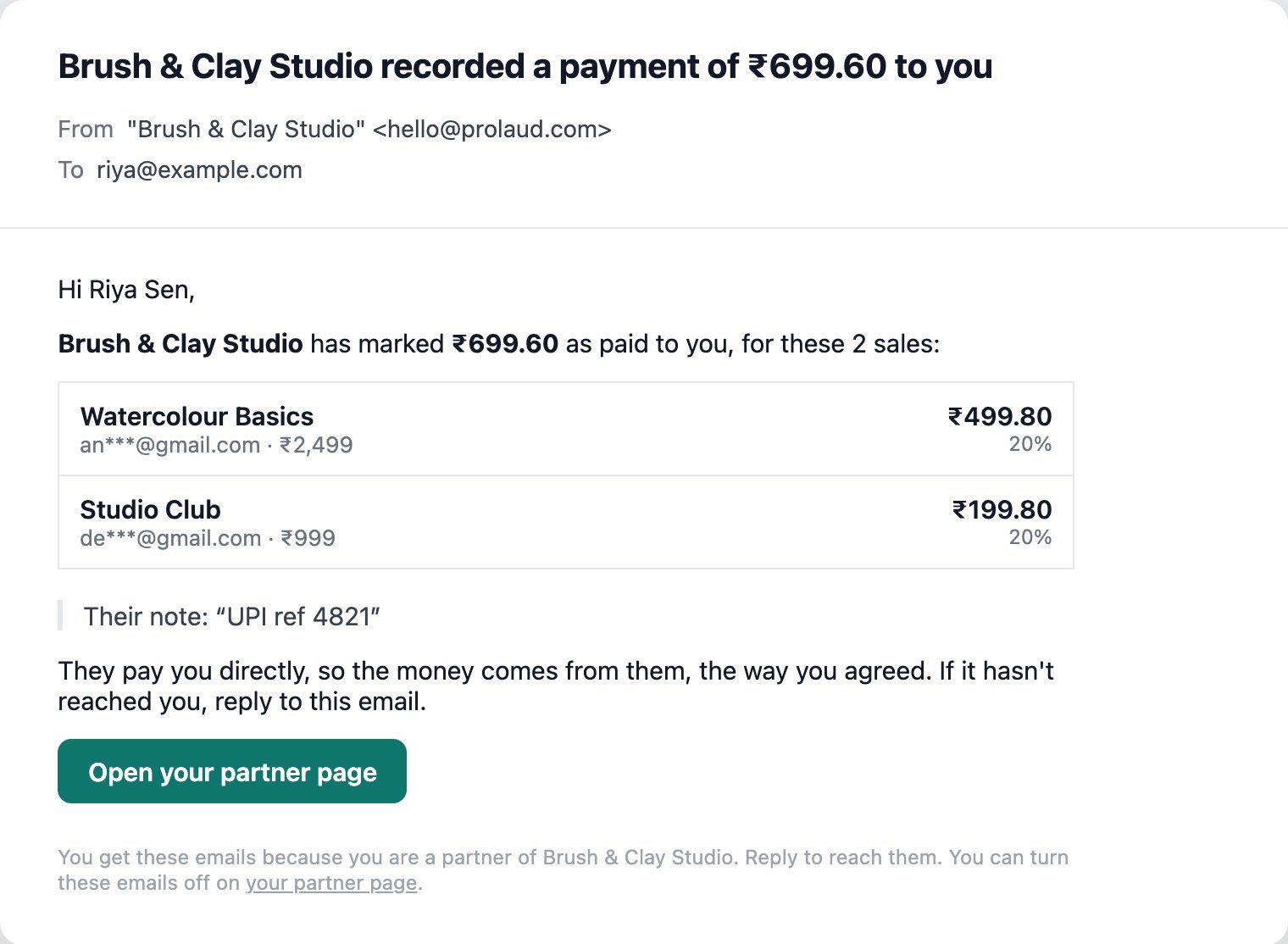 The email: Brush & Clay Studio recorded a payment of ₹699.60 to you, listing the two sales, with the note UPI ref 4821