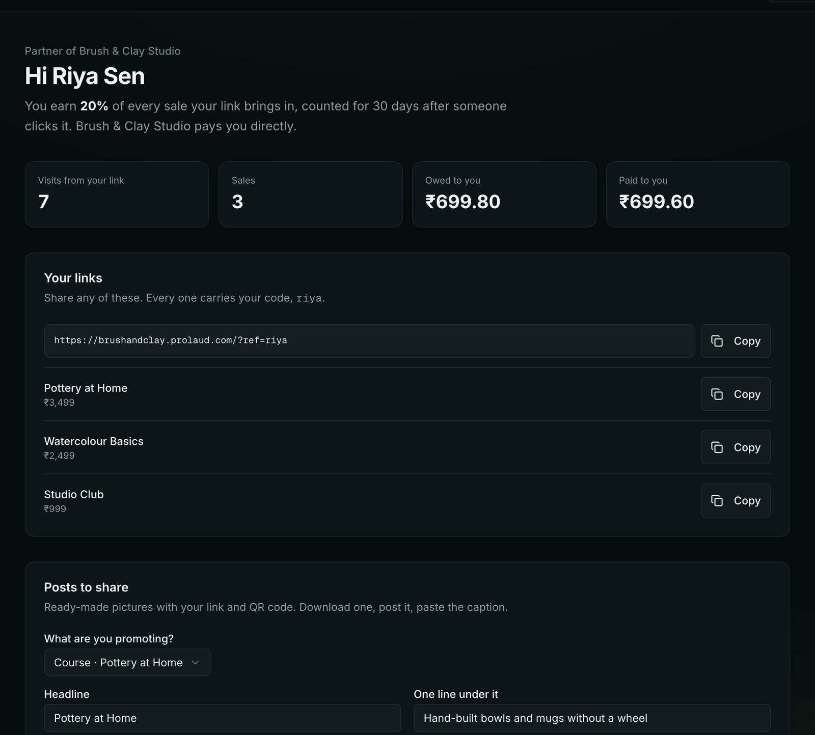 Riya's partner page: Hi Riya Sen, earning 20% counted for 30 days, then visits 7, sales 3, owed and paid amounts, and her links