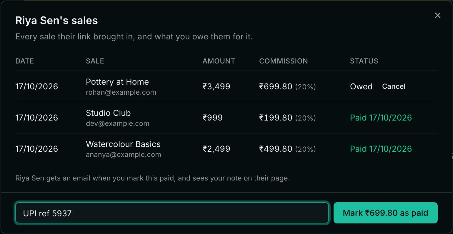 Riya Sen's sales: one sale owed and two already paid, a payment note UPI ref 5937, a line saying Riya gets an email and sees the note, and a Mark as paid button