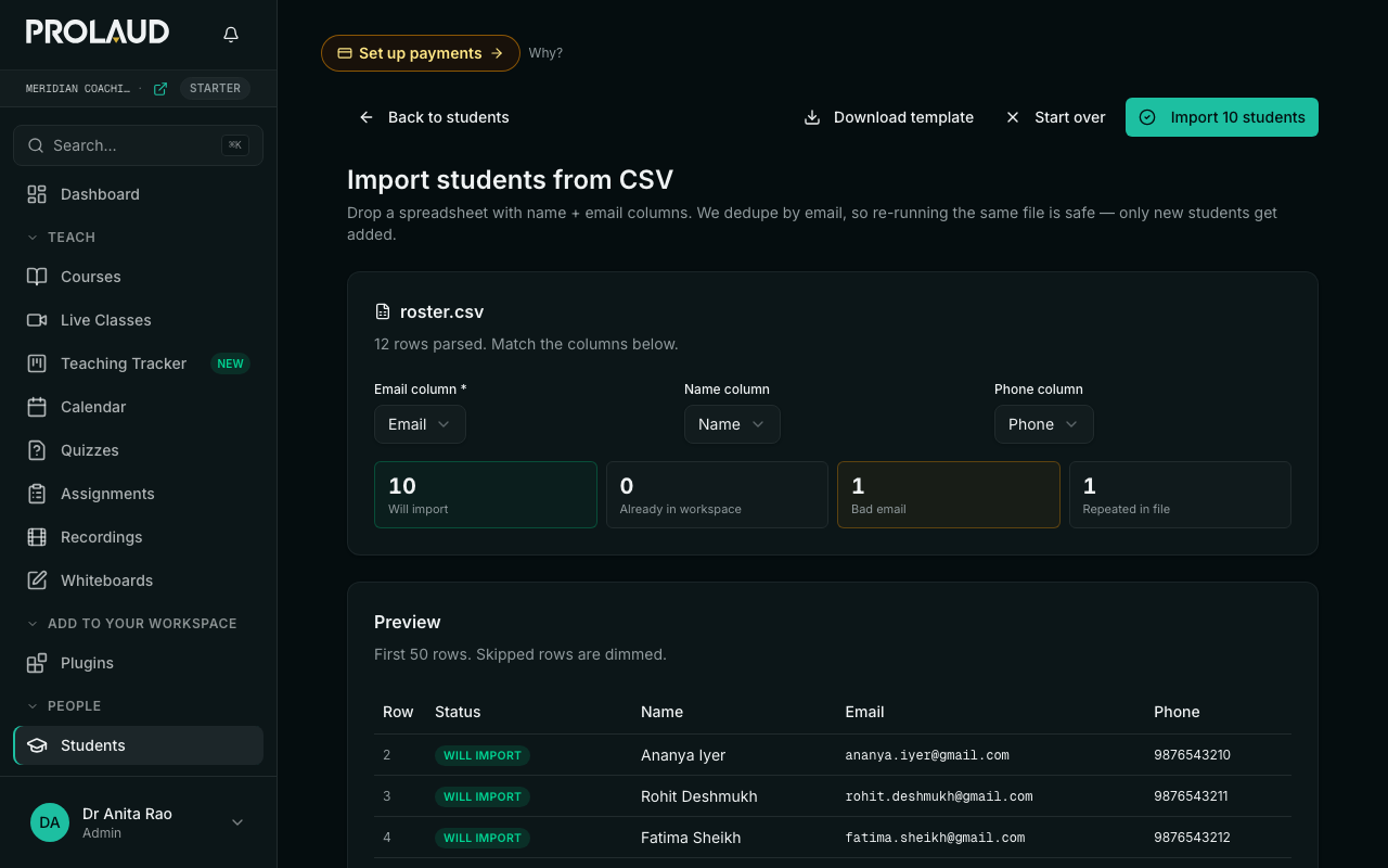 The CSV import screen after a 12-row roster is dropped in: the Email, Name and Phone columns detected automatically, and four counts reading 10 will import, 0 already in workspace, 1 bad email, 1 repeated in file.