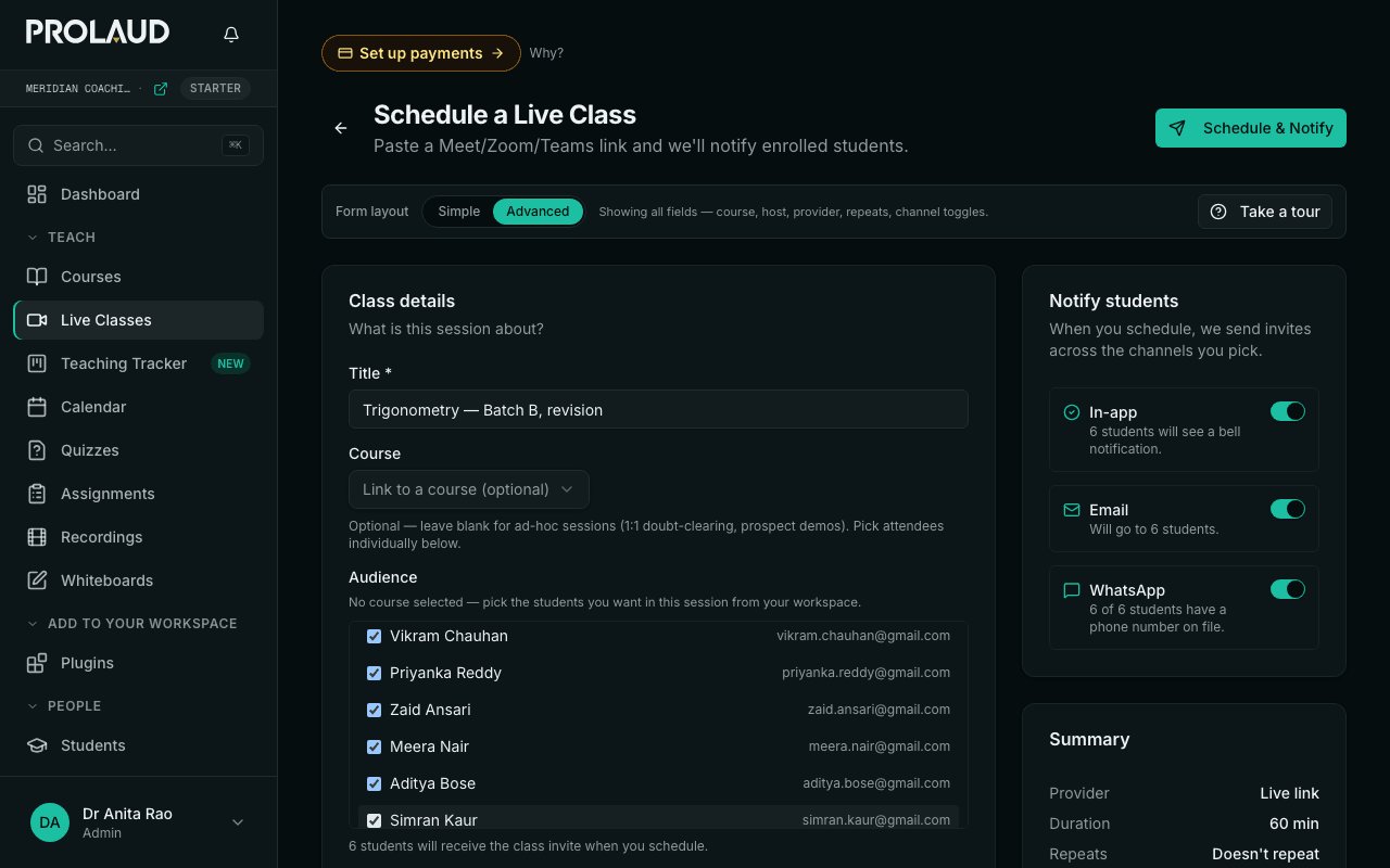 Scheduling a class with six students selected, and a Notify students panel with three toggles: In-app reading six students will see a bell notification, Email reading it will go to six students, and WhatsApp reading six of six students have a phone number on file.