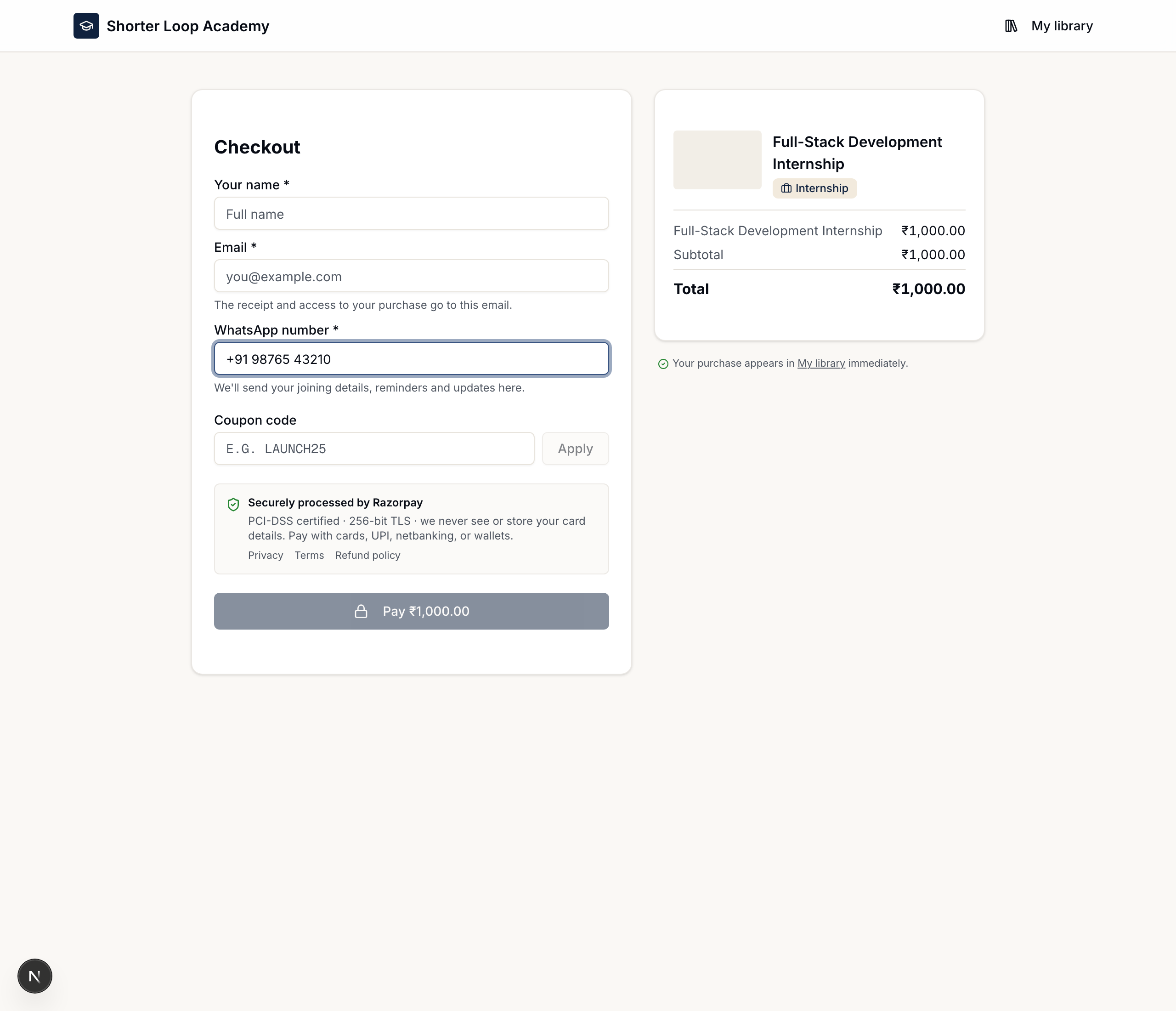 The checkout page with name, email, a required WhatsApp number field, a coupon code field with Apply, 'Securely processed by Razorpay', and the ₹1,000 product summary