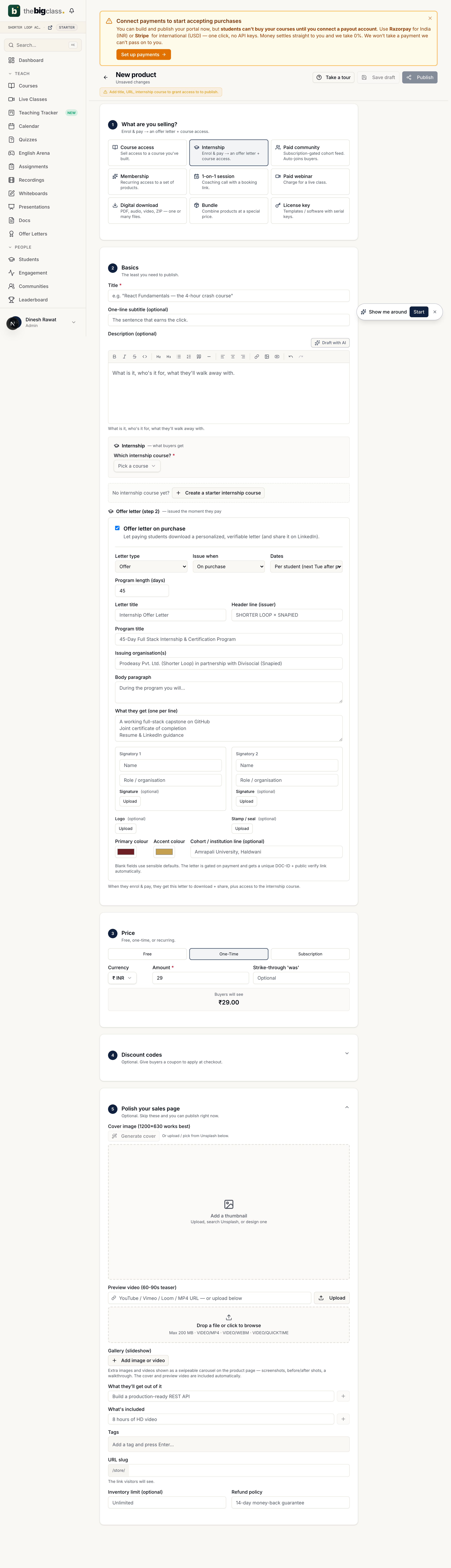 The internship product editor: course picker, a 'Create a starter internship course' option, and the Offer letter (step 2) config with letter type, program length, signatories and uploads