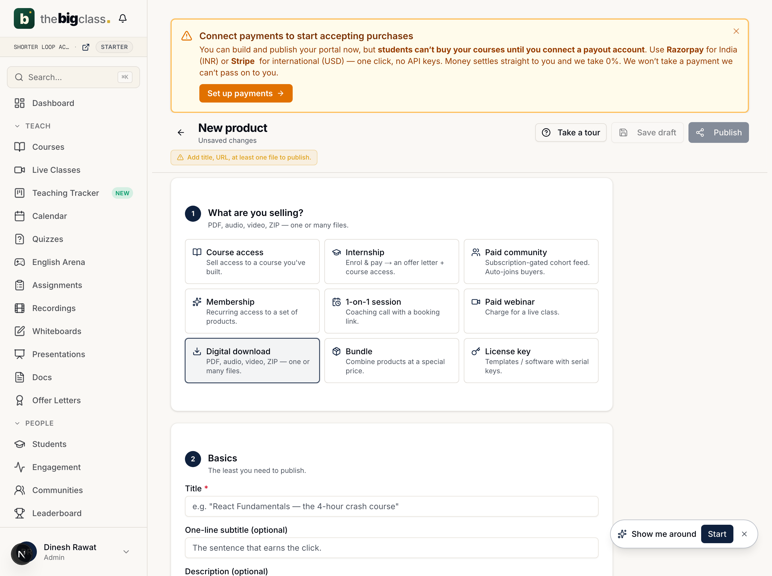 The product-kind picker with an Internship option: 'Enrol & pay — an offer letter + course access'