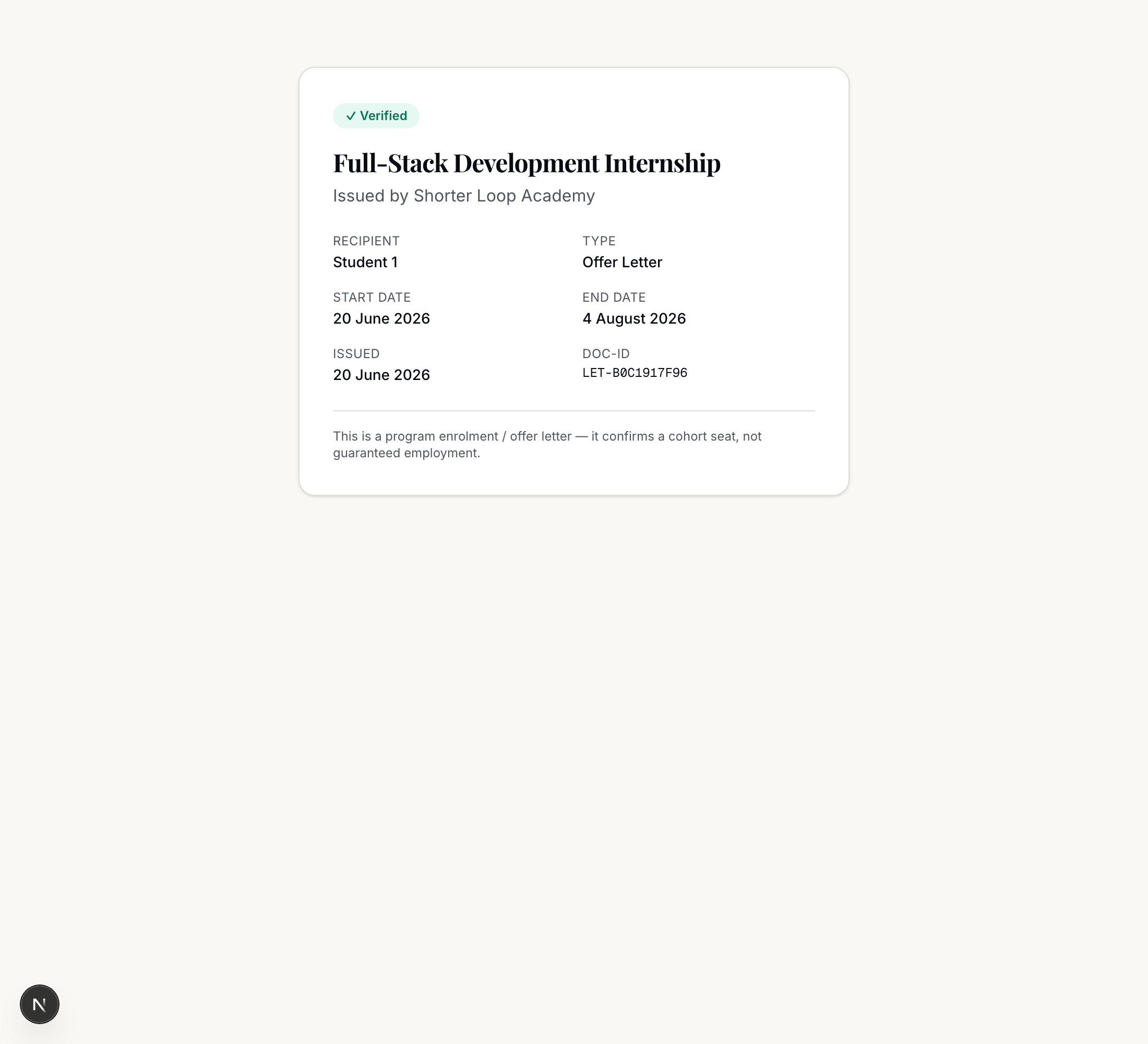 The public verify page: a green Verified badge, the program 'Full-Stack Development Internship', issued by Shorter Loop Academy, recipient, type Offer Letter, dates and DOC-ID