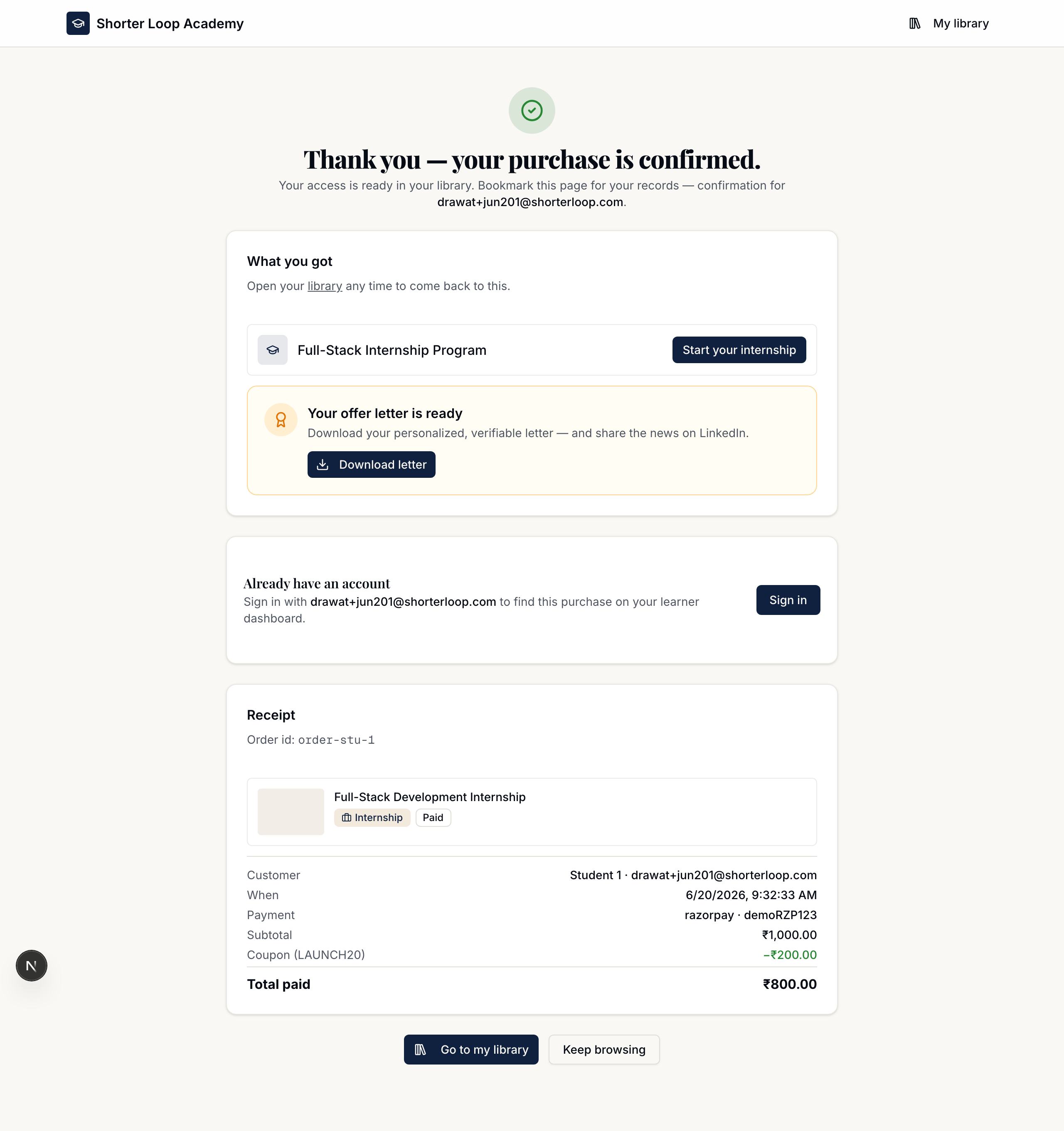 The order confirmation: 'Thank you — your purchase is confirmed', a 'Start your internship' button, a 'Your offer letter is ready — Download letter' card, and a receipt showing the Internship product, Paid, a LAUNCH20 coupon discount and total paid