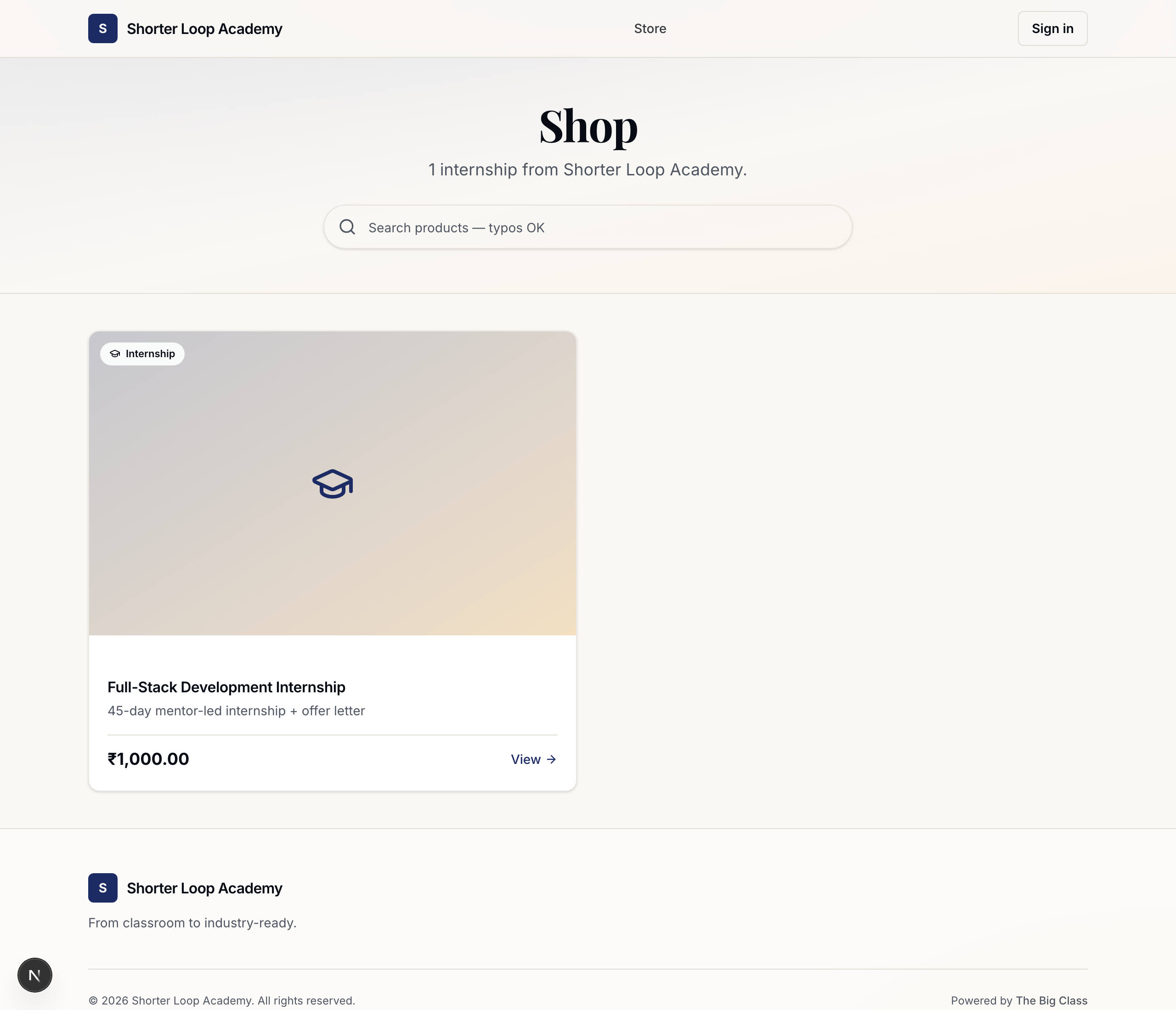 The public storefront showing the Full-Stack Development Internship product card — Internship badge, '45-day mentor-led internship + offer letter', ₹1,000, View