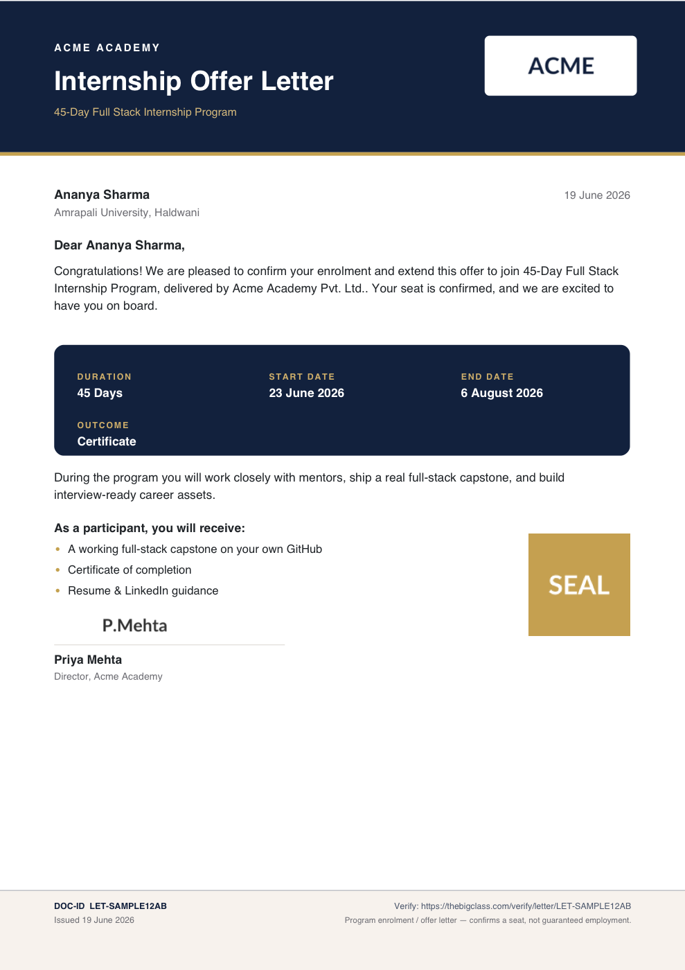 A sample generated offer letter on a navy letterhead with company logo, details card, body, signature image and an official stamp