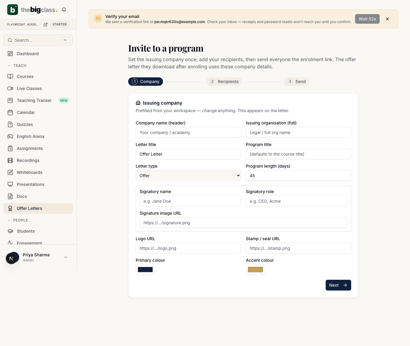 Step 1 of the invite wizard: the issuing-company form with name, signatory, logo, stamp and colour fields