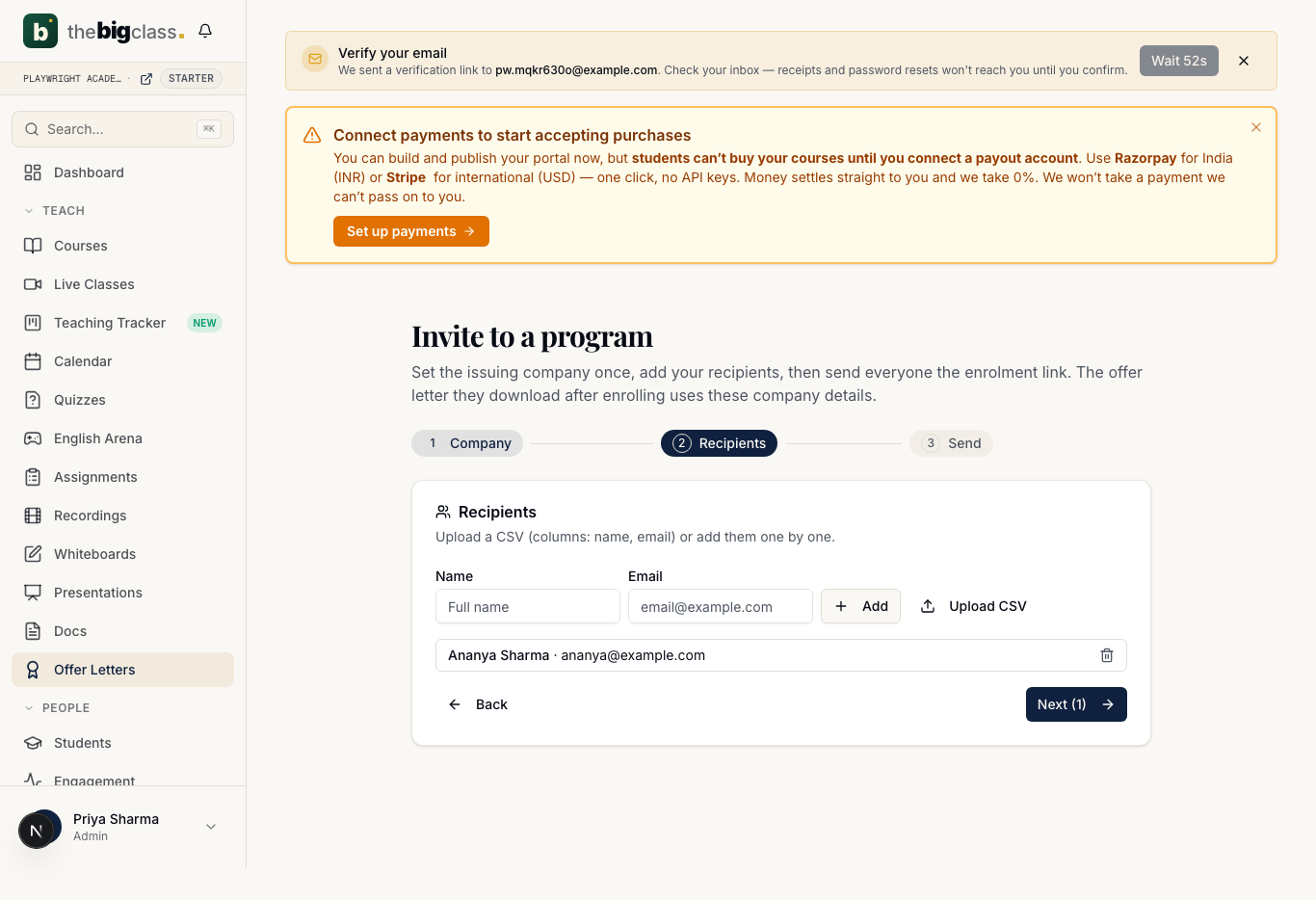 Step 2: the recipients list with name + email inputs, an Add button, Upload CSV, and one added recipient