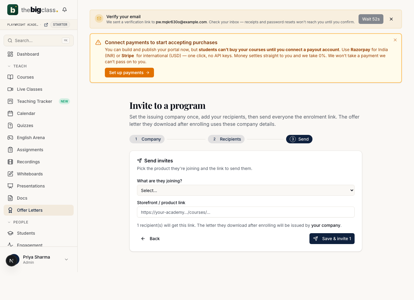 Step 3: pick the course/1:1/webinar from a dropdown, paste the storefront link, and send invites