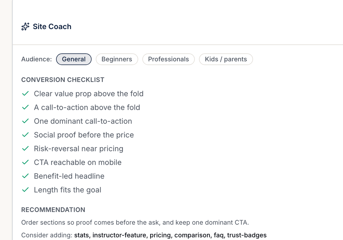 The page editor showing the Site Coach panel, section list and live preview