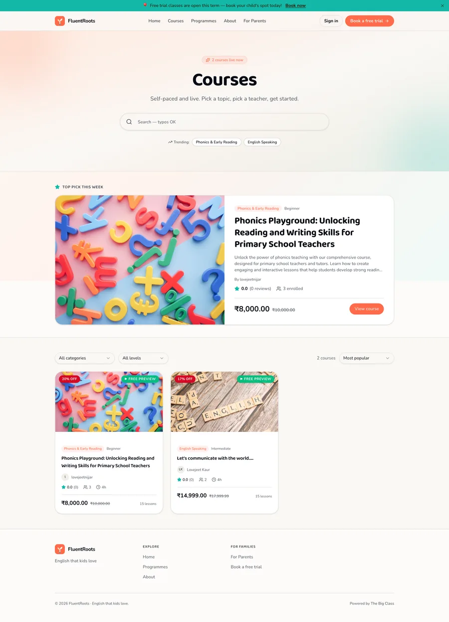 A course catalogue with live pricing