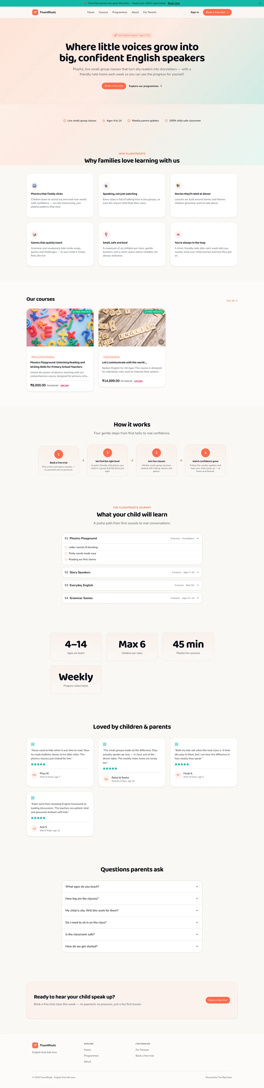 Home — hero, courses, testimonials & FAQ