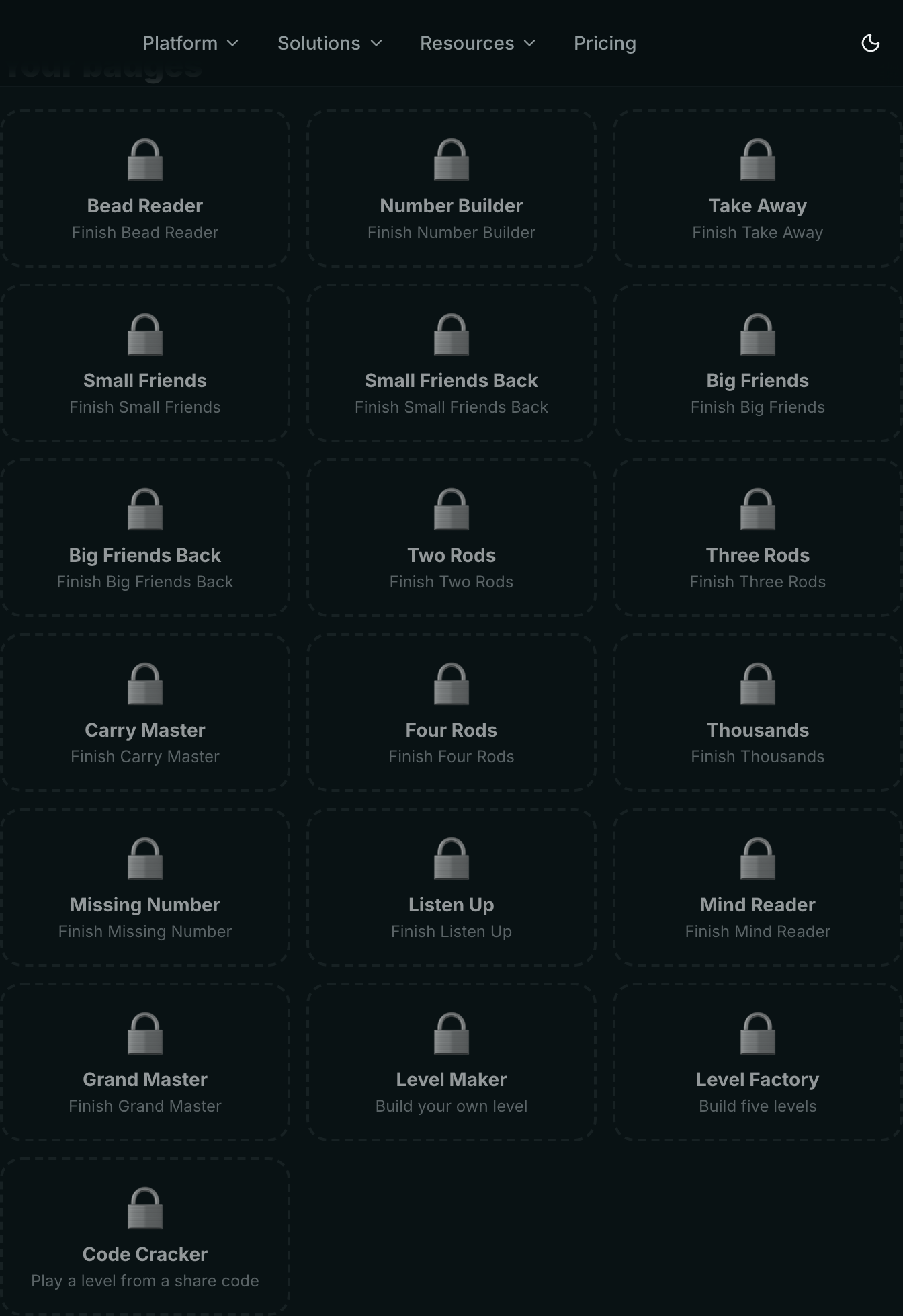 The badges grid: eleven badges, unearned ones shown as a padlock with the thing you have to do to earn them.