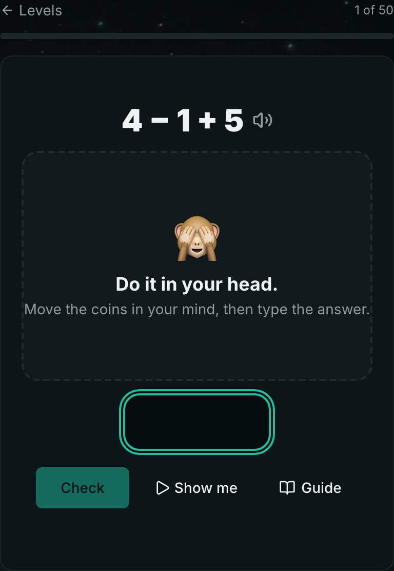 A hidden-abacus question: the sum is shown, the coins are covered by a monkey emoji and the words Do it in your head, with a box to type the answer.