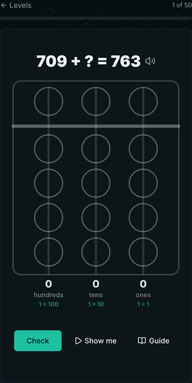 A missing-number question: 460 minus what equals 399, with an empty abacus to build the answer on.