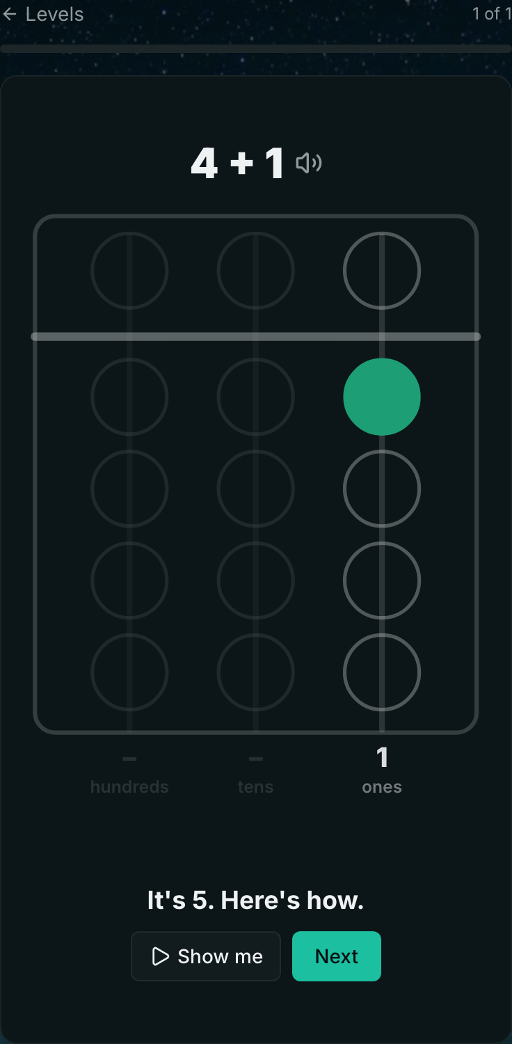 After a miss the game says: It's 5. Here's how, with a Show me button and a Next button.