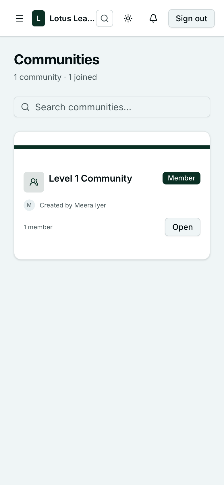 A student's Communities page on a phone showing Level 1 Community marked Member.