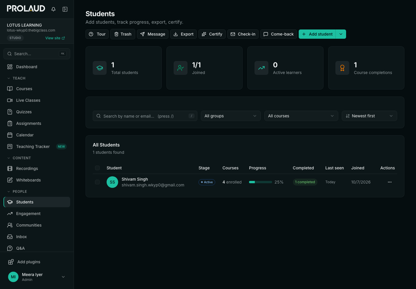 The Students page in the dashboard with one student listed once.