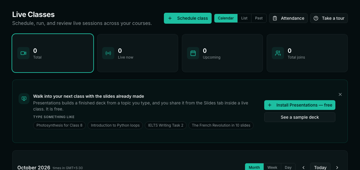 The Live Classes page with Schedule class and Attendance buttons.