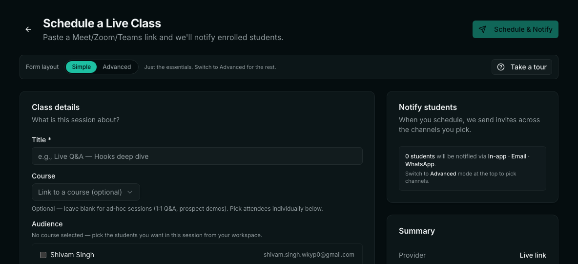 The Schedule a Live Class form with Title, Course, Audience and the Only these students can join switch.