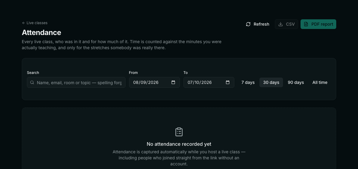 The Attendance page with a search box, date range, and CSV and PDF report buttons.