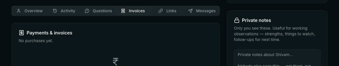 The Invoices tab on a student's profile with a Payments and invoices card.