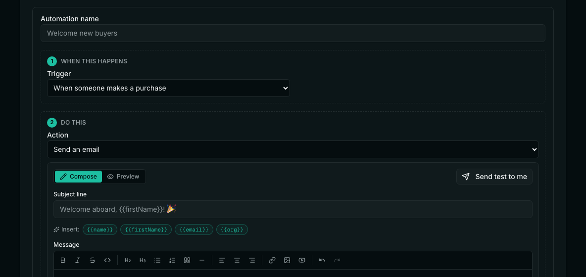 The automation builder with Automation name, Trigger set to When someone makes a purchase, and Action set to Send an email.