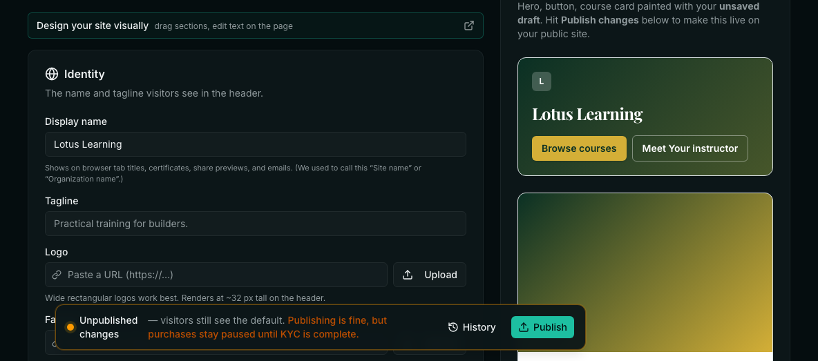 Site settings with tabs Templates, Identity, Style, Layout, Advanced, Domain, Public profile and Languages, and the Identity fields.