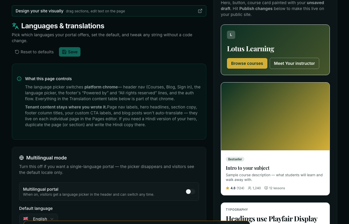 The Languages tab explaining that the picker translates menus and sign-in while your own content stays as written.