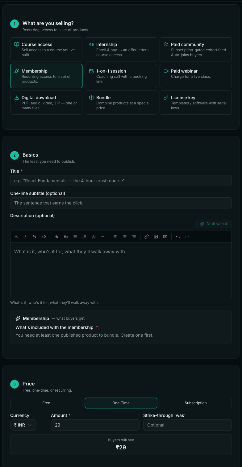 The new product form with Membership selected, the section What's included with the membership, and Price with Free, One-Time and Subscription.
