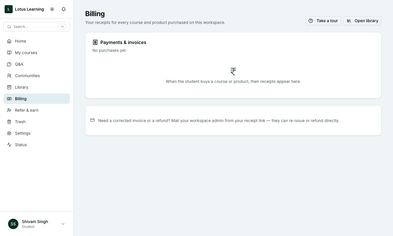The student's Billing page with a Payments and invoices card.