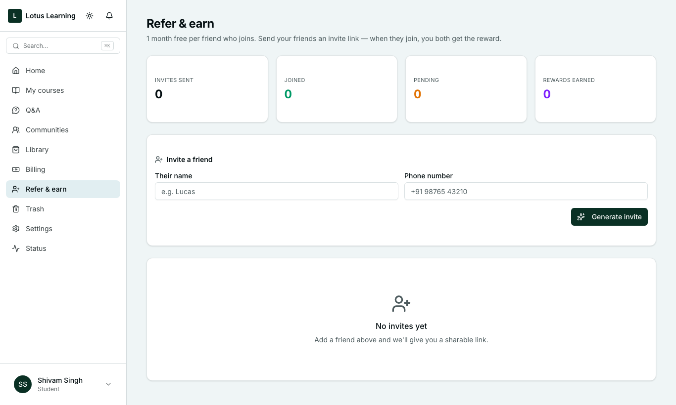 The student's Refer and earn page with an Invite a friend form and counters for invites sent, joined, pending and rewards earned.