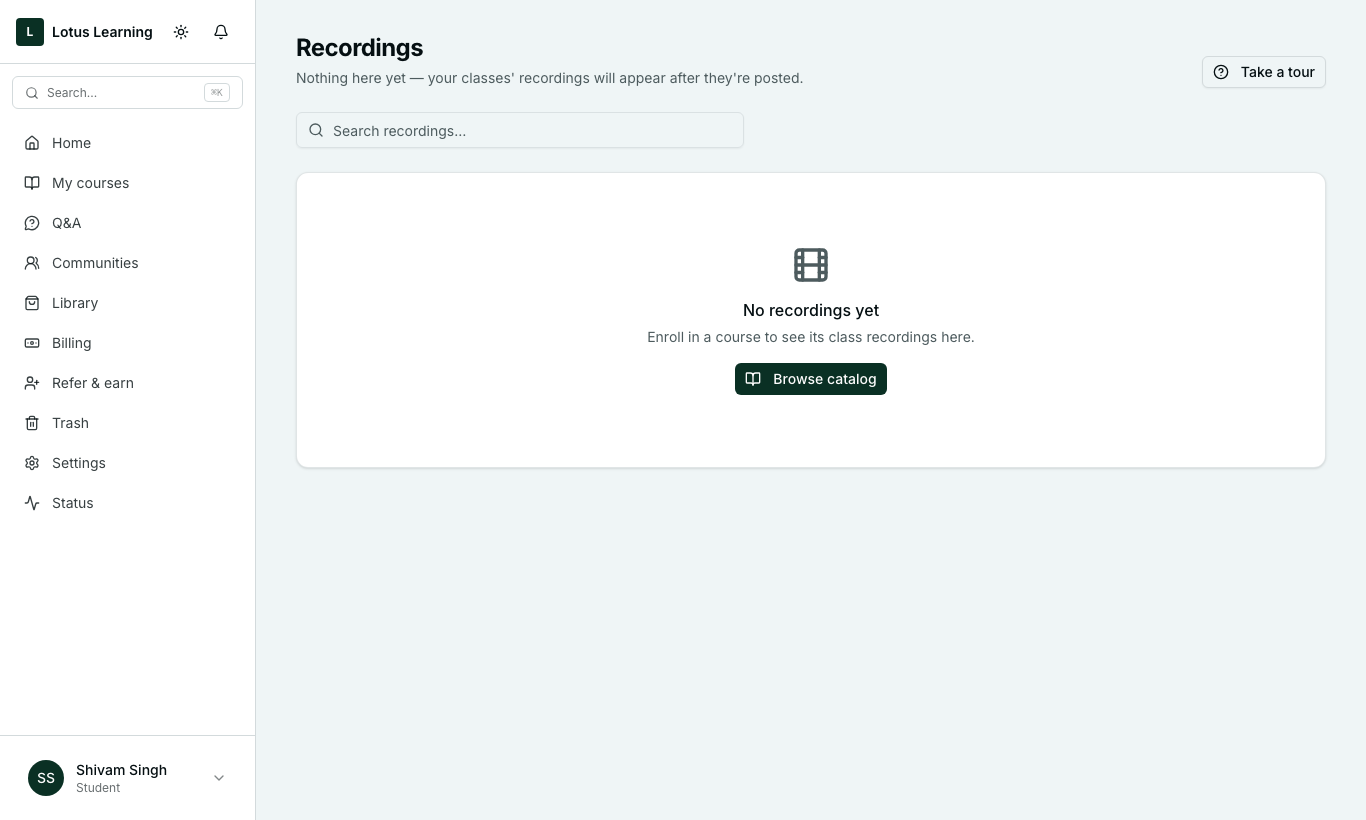 The student's Recordings page.