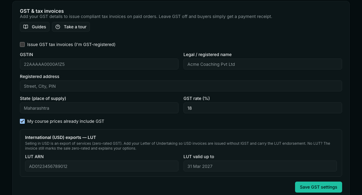 The GST and tax invoices card with GSTIN, legal name, registered address, state, GST rate and LUT fields.