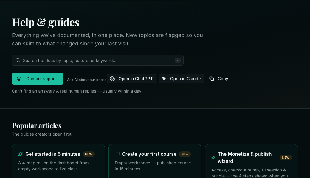 The Help and guides page with a Contact support button under the search box.