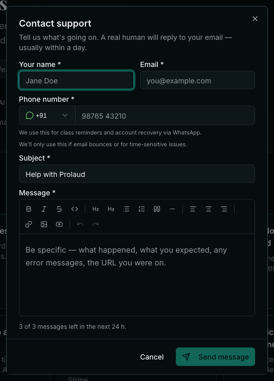 The Contact support form with name, email, phone number, subject and message fields and a Send message button.