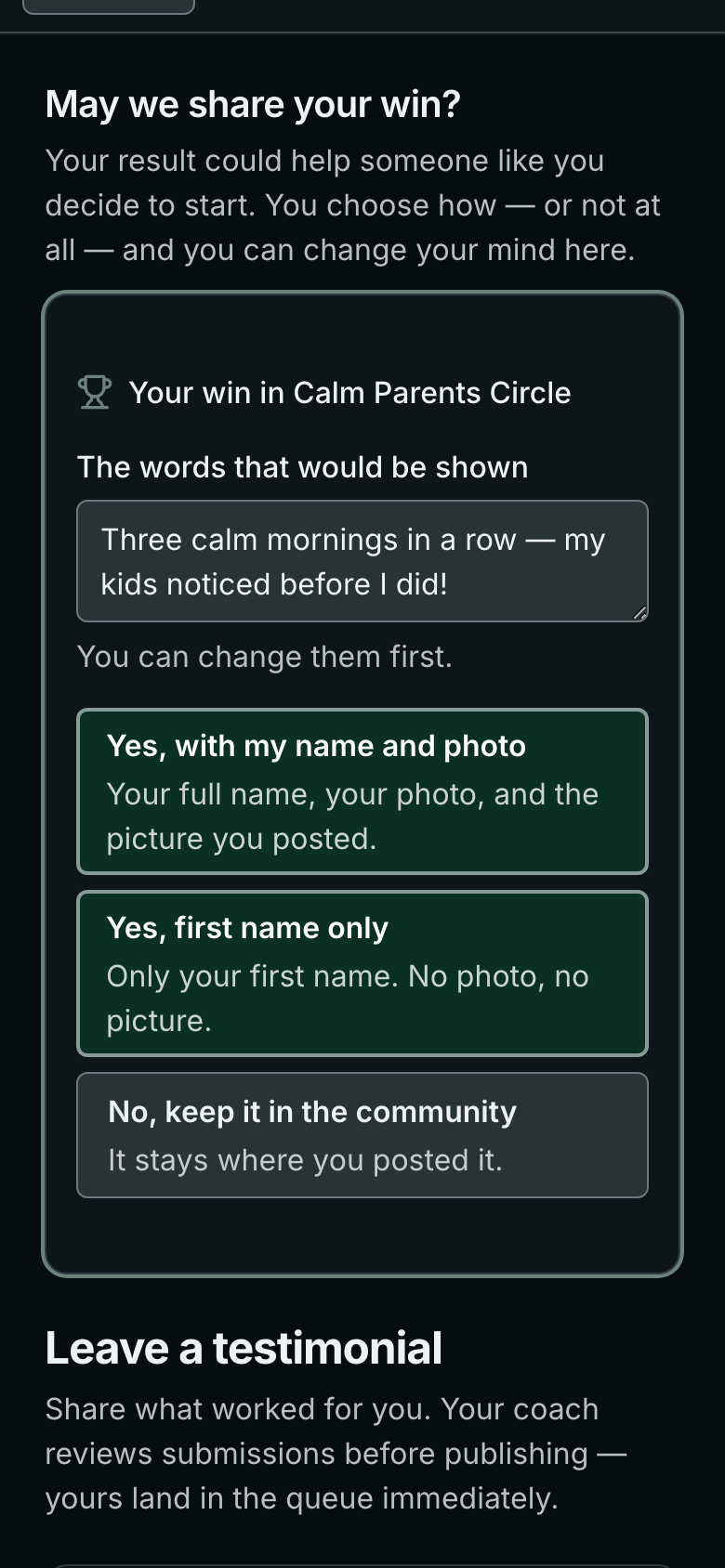 On a phone: May we share your win? — Your win in Calm Parents Circle, the words that would be shown, and three choices: Yes, with my name and photo; Yes, first name only; No, keep it in the community