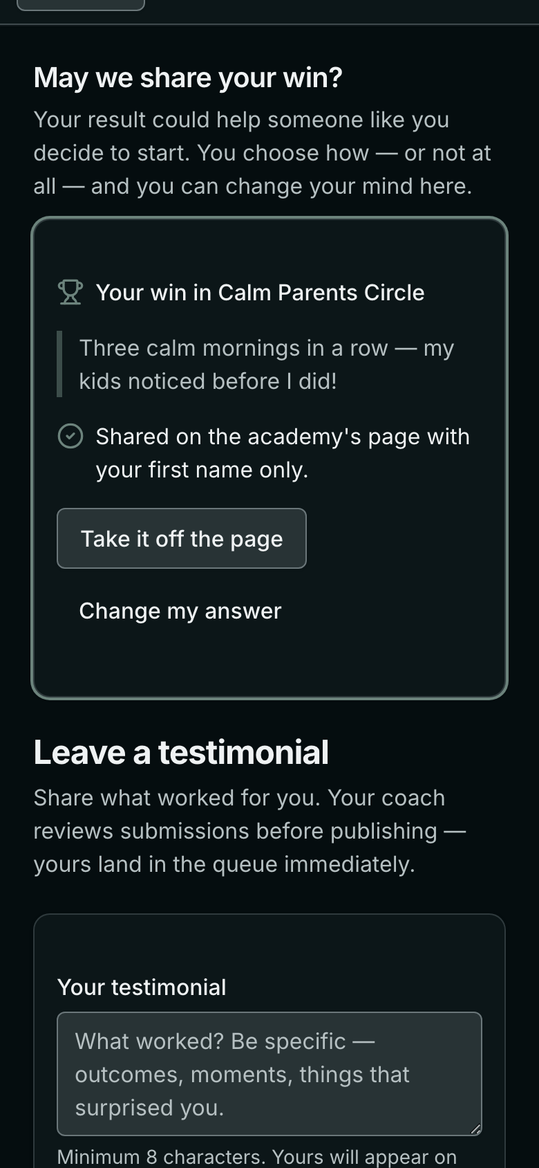 On a phone: Shared on the academy's page with your first name only — Take it off the page, Change my answer