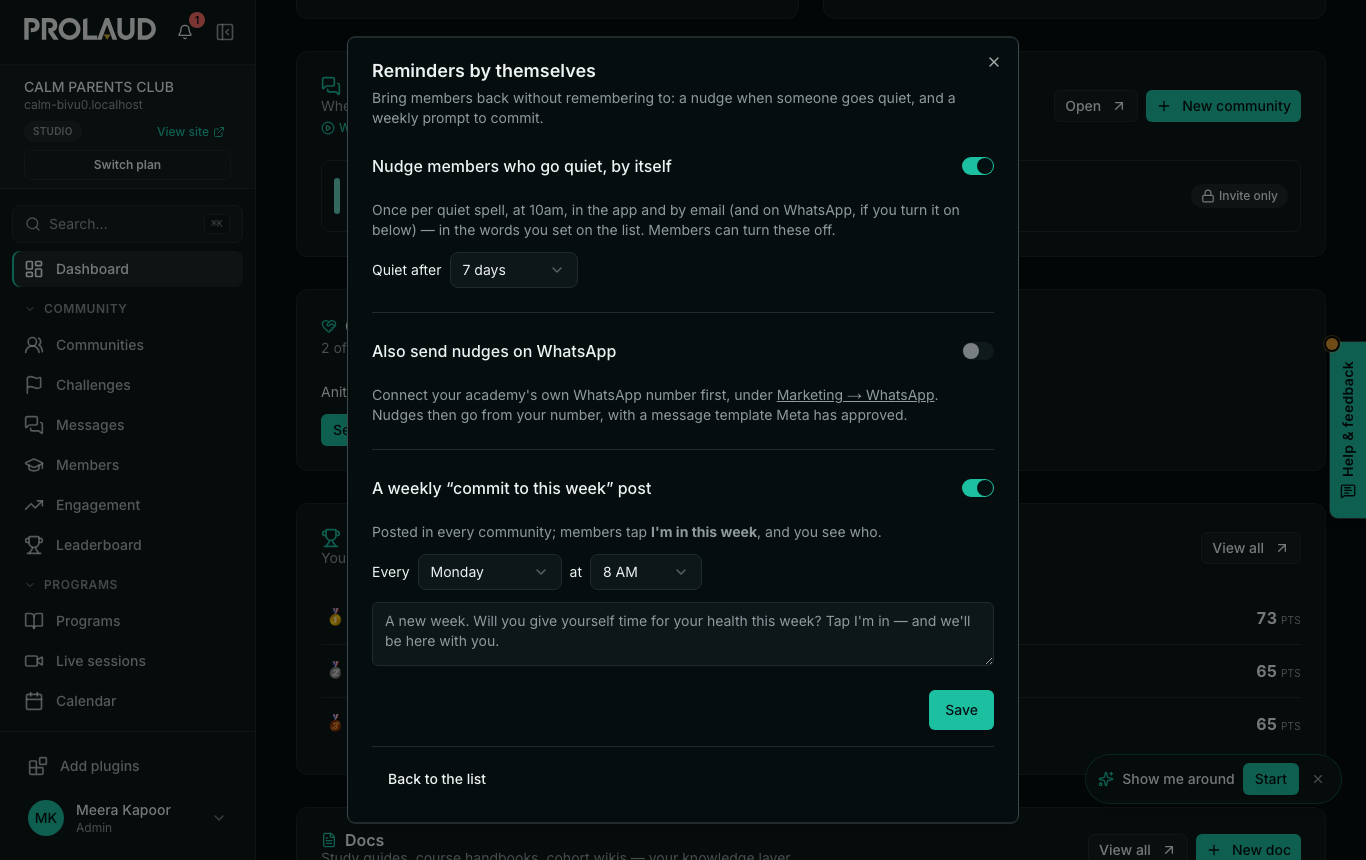 Reminders by themselves: Nudge members who go quiet, by itself (on), Quiet after 7 days; Also send nudges on WhatsApp; A weekly commit to this week post (on), every Monday at 8 AM, with its words; Save