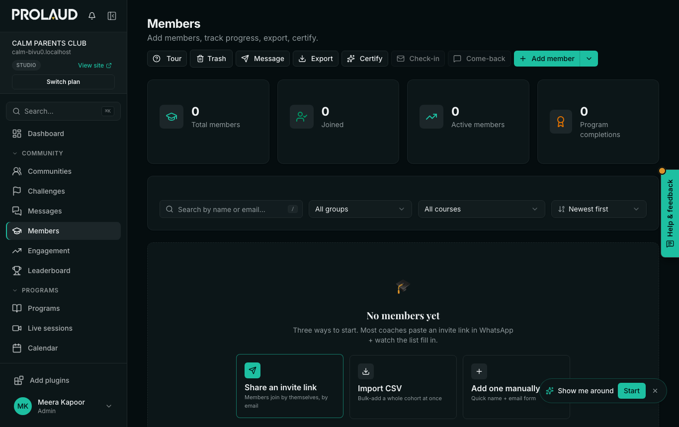 The dashboard in coach mode: the menu shows Community (Communities, Challenges, Messages, Members, Engagement, Leaderboard) then Programs (Programs, Live sessions, Calendar); the Members page says Total members, Add member and No members yet