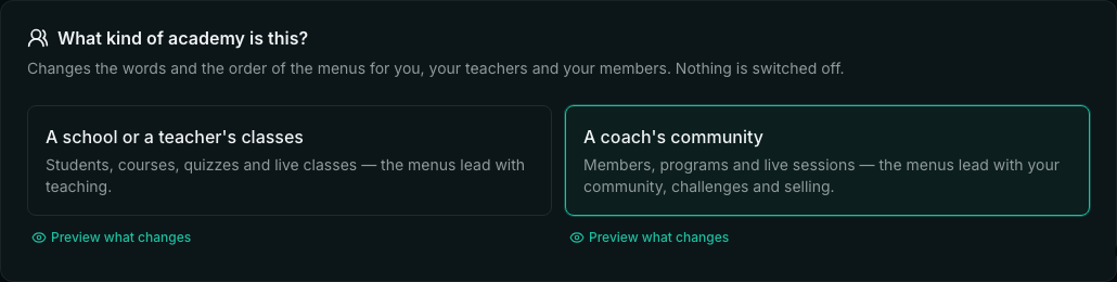The Settings card What kind of academy is this? with two choices: A school or a teacher's classes, and A coach's community (chosen)