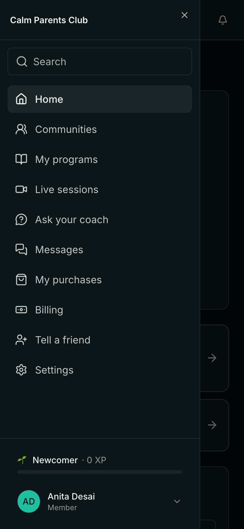 A member's menu on a phone: Home, Communities, My programs, Live sessions, Ask your coach, Messages