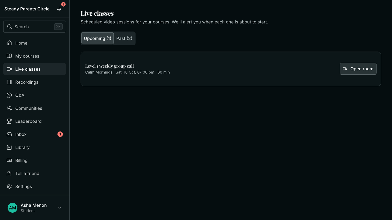 A member's Live classes page listing one upcoming class, Level 1 weekly group call, with an Open room button.