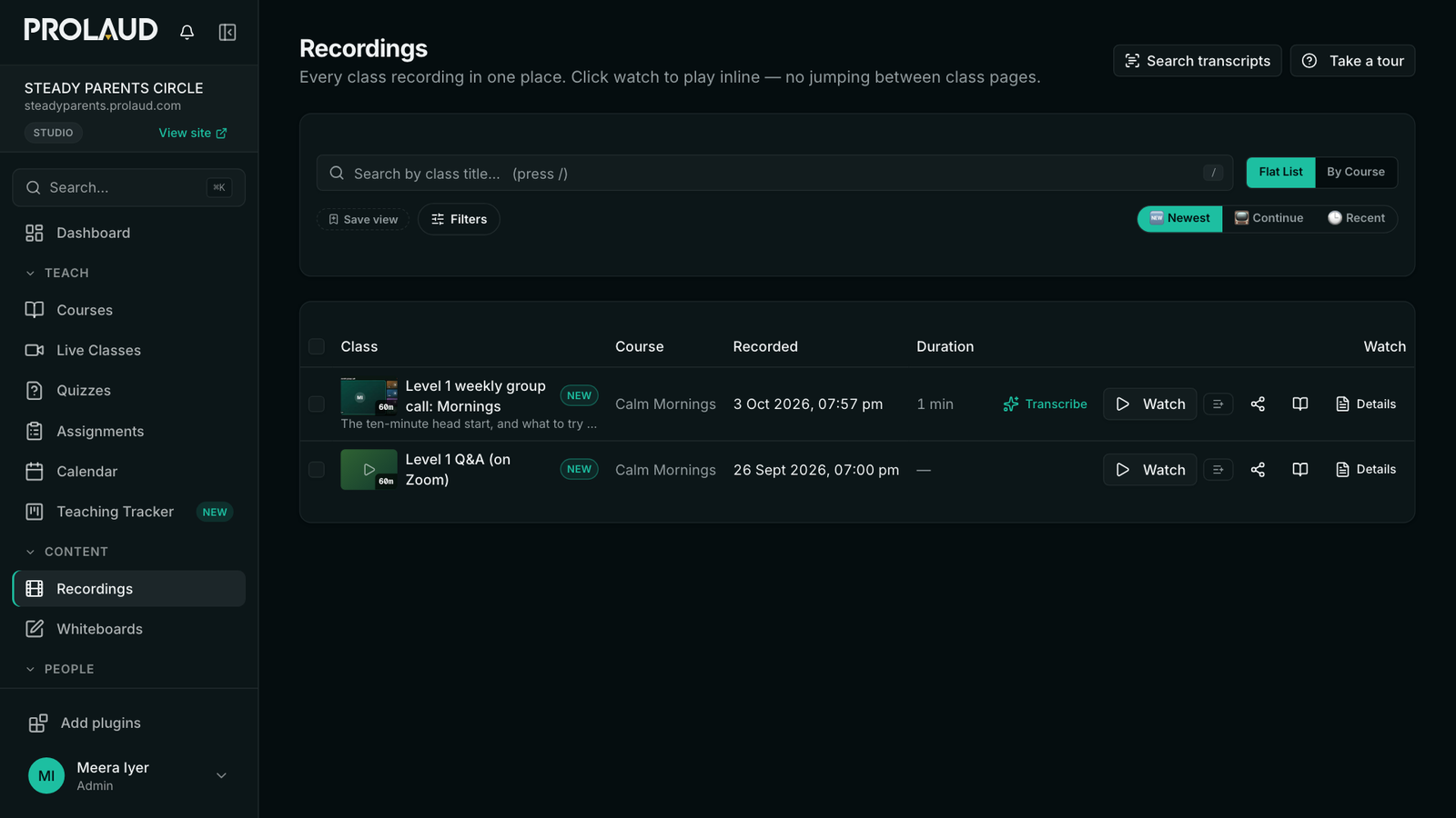 The Recordings page listing Level 1 weekly group call: Mornings with Transcribe, Watch and Details on its row.