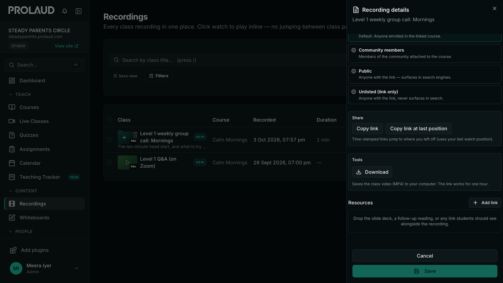 The Recording details panel with a Tools section holding a Download button and the line Saves the class video (MP4) to your computer.