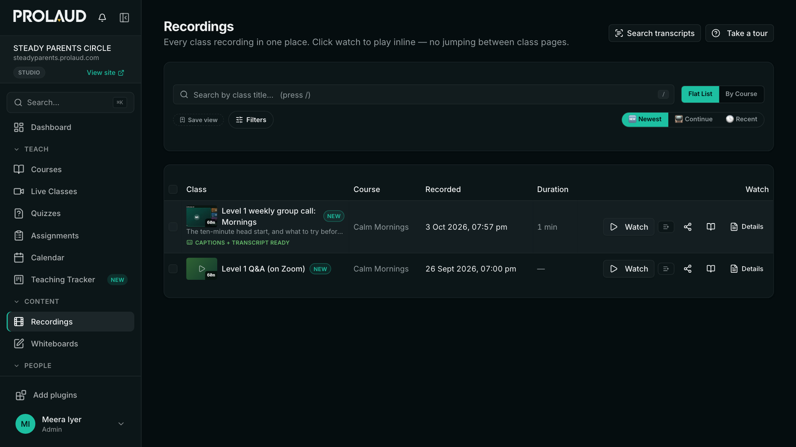 The Recordings row now showing Captions + transcript ready under the class title.