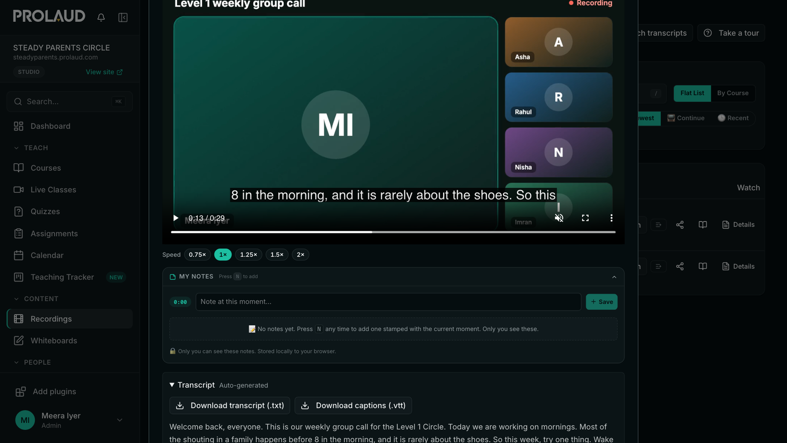 The Transcript section under the video, opened, with Download transcript (.txt) and Download captions (.vtt) buttons above the full text of the call.